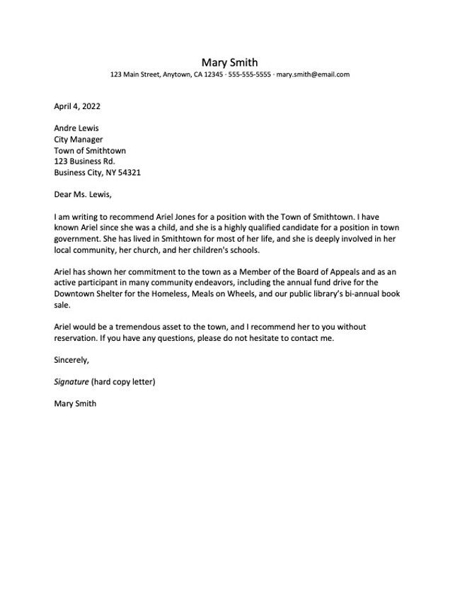 Personal Reference Letter Of Recommendation Template