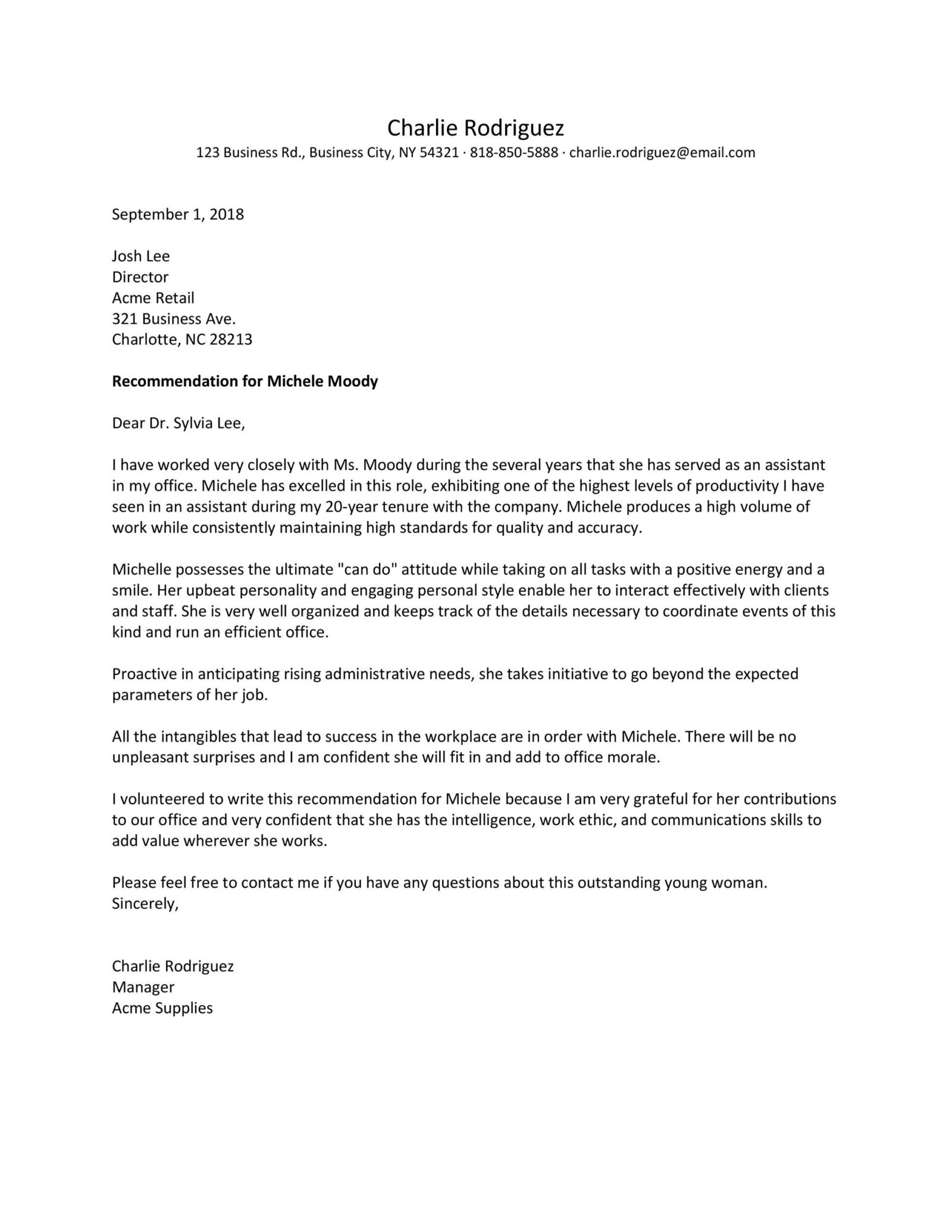 Sample Recommendation Letter For Employee From Manager